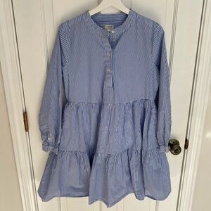 EUC- J. Crew Blue & White Striped Long-sleeve Cotton Poplin Tiered Dress, Medium